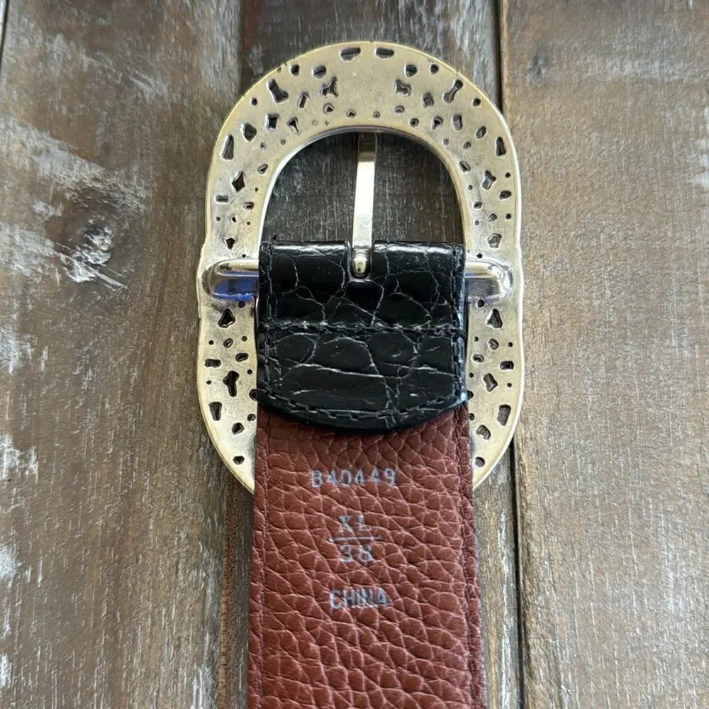 Croc Embossed Black Leather Belt Oval Ornate Silver Tone Buckle Women’s Size XL